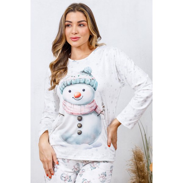 09 pijama longo feminino microfibra flanelado boneco de neve branco