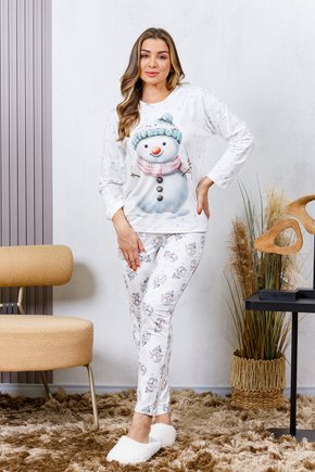 10 pijama longo feminino microfibra flanelado boneco de neve branco