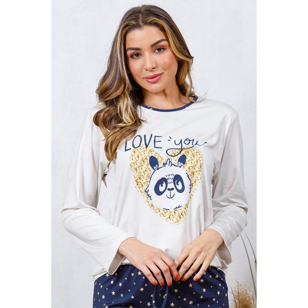 05 pijama longo feminino microfibra flanelado estampa urso