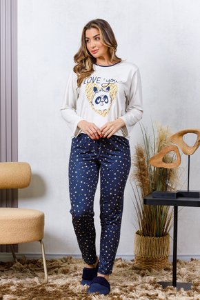 06 pijama longo feminino microfibra flanelado estampa urso