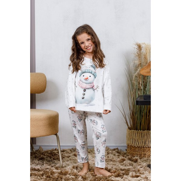 07 pijama longo infantil microfibra flanelado quentinho feminino boneco de neve branco