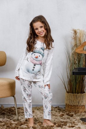 08 pijama longo infantil microfibra flanelado quentinho feminino boneco de neve branco