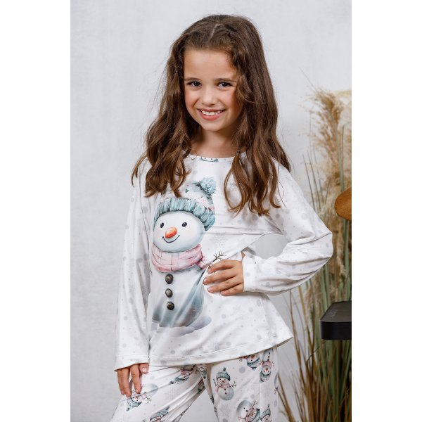 09 pijama longo infantil microfibra flanelado quentinho feminino boneco de neve branco