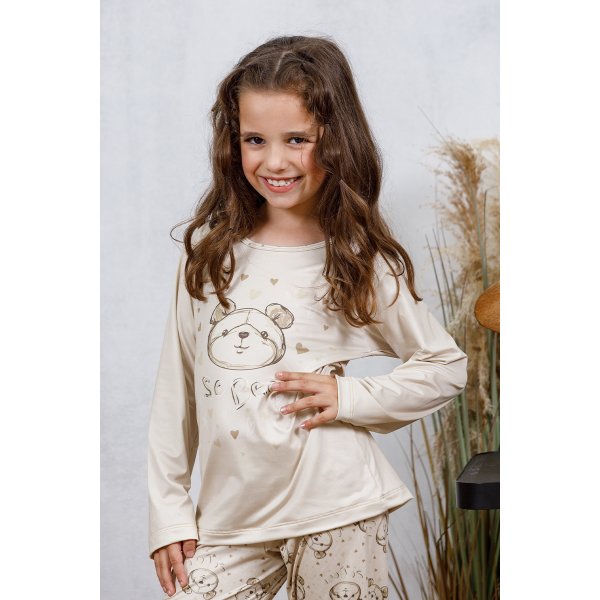 08 pijama longo infantil microfibra flanelado quentinho feminino estampa de urso bege