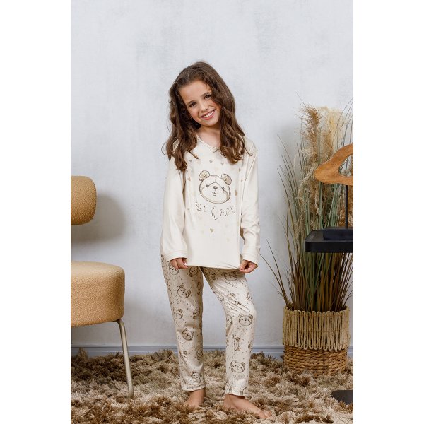 09 pijama longo infantil microfibra flanelado quentinho feminino estampa de urso bege