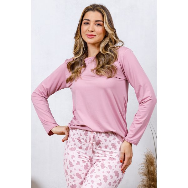 08 pijama longo microfibra flanelado feminino slim de inverno rosa envelhecido