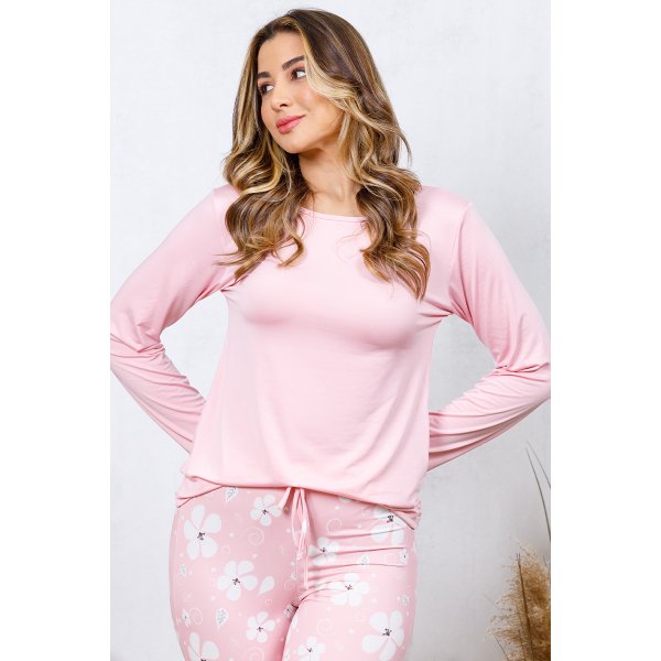 08 pijama longo microfibra flanelado feminino slim de inverno rosa floral
