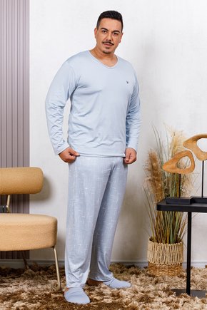 04 pijama longo masculino microfibra flanelado plus size azul claro