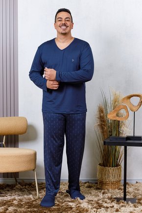 04 pijama longo masculino microfibra plus size de inverno azul noite