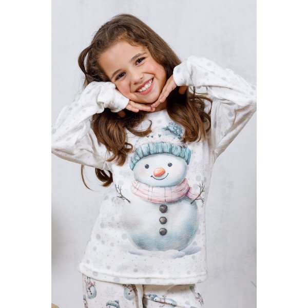 07 pijama longo feminino plush infantil inverno off estampa boneco de neve