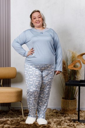 06 pijama longo rendado feminino plus size microfibra azul ceu