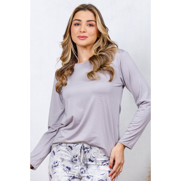 09 pijama longo feminino microfibra slim toque macio e suave cinza orquidea
