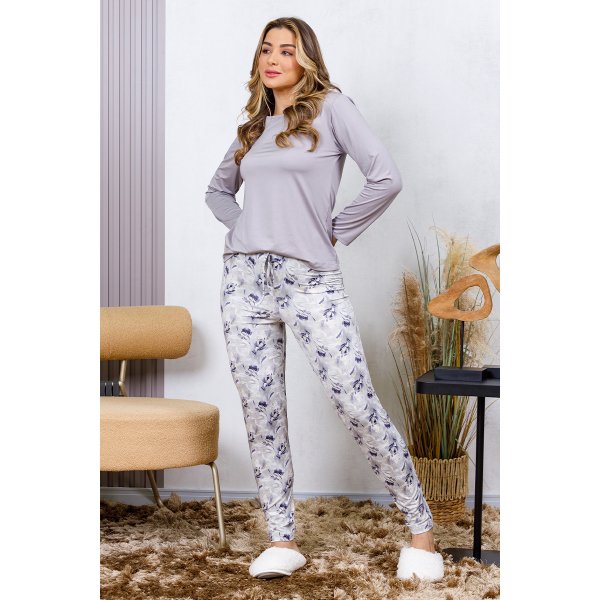 10 pijama longo feminino microfibra slim toque macio e suave cinza orquidea