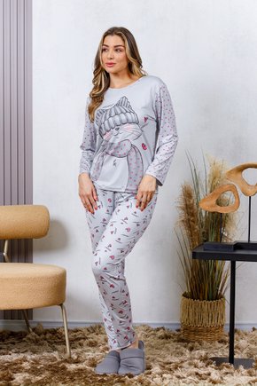 06 pijama longo feminino microfibra estampado de gatinho