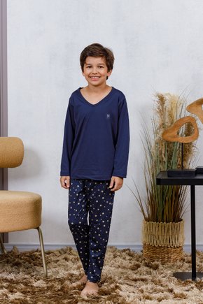 06 pijama longo microfibra flanelado masculino infantil azul estampa estrela