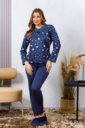 06 pijama longo microfibra feminino flanelado flor margarida de renda azul