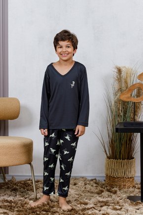 06 pijama longo infantil preto quentinho estampa dinossauro