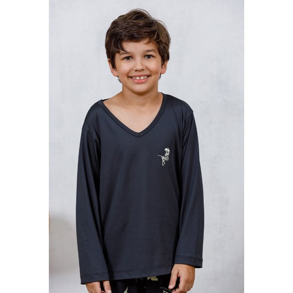 07 pijama longo infantil preto quentinho estampa dinossauro
