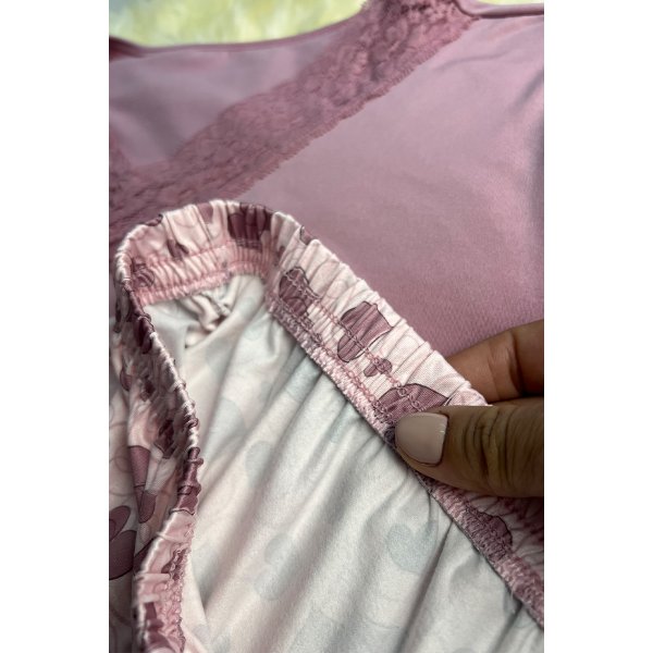 03 pijama longo feminino microfibra termico flanelado com renda rosa calca estampada