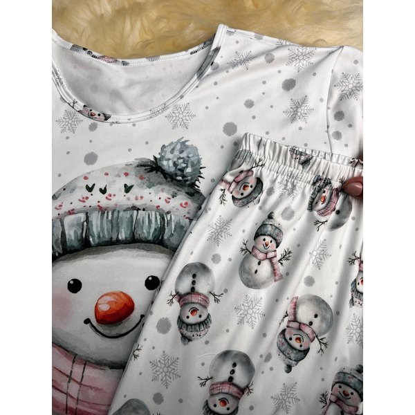 04 pijama longo feminino microfibra termico flanelado boneco de neve branco
