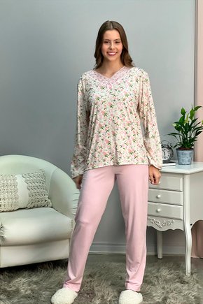 02 pijama longo sofisticado microfibra feminino renda inverno rosa floral