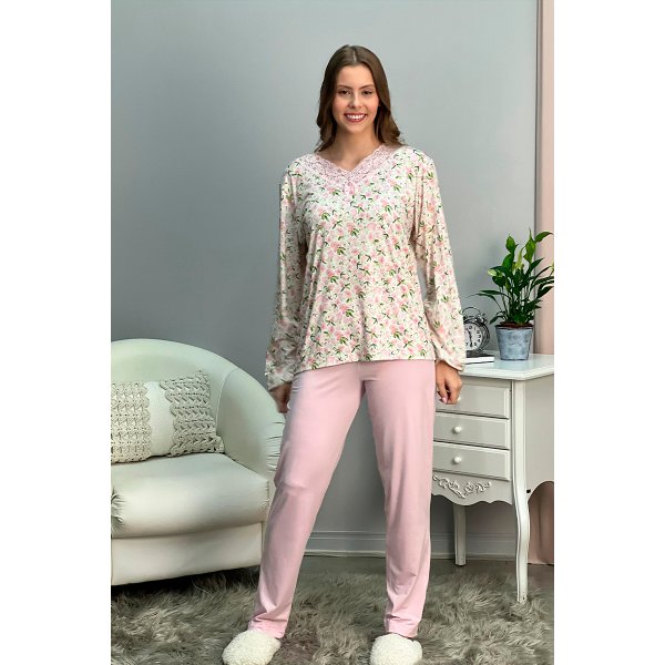 02 pijama longo sofisticado microfibra feminino renda inverno rosa floral