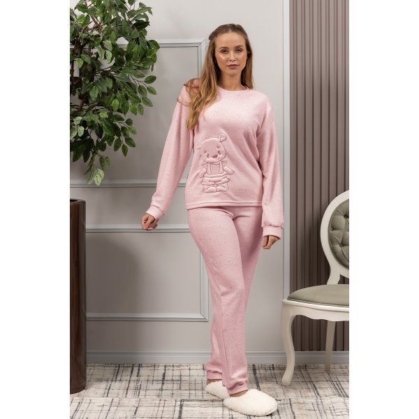 06 pijama longo plush botone feminino rosa inverno urso