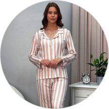 02 pijama longo americano microfibra botao sofisticado listra nude