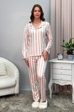 11 pijama longo americano microfibra botao sofisticado listra nude
