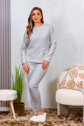 03 pijama longo plush feminino longo detalhe em bolso mescla