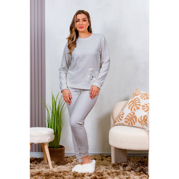 03 pijama longo plush feminino longo detalhe em bolso mescla