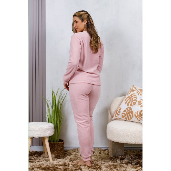 01 pijama longo plush feminino longo detalhe em bolso rosa claro sofisticado