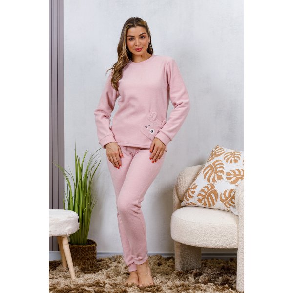 03 pijama longo plush feminino longo detalhe em bolso rosa claro sofisticado