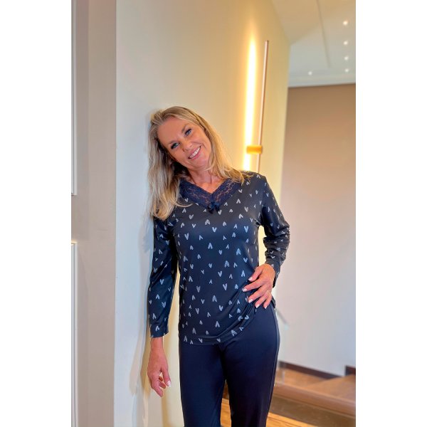 01 pijama longo microfibra termico flanelado feminino coracao de renda inverno azul