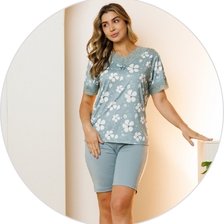 01 pijama microfibra curto feminino de renda com bermuda verde flor