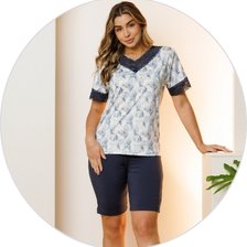 01 pijama microfibra curto feminino de renda com bermuda azul marinho