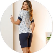 02 pijama microfibra curto feminino de renda com bermuda azul marinho