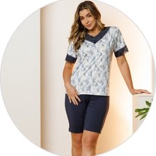 04 pijama microfibra curto feminino de renda com bermuda azul marinho