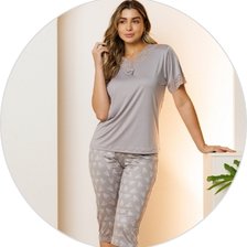 03 pijama curto feminino de renda com capri cinza microfibra