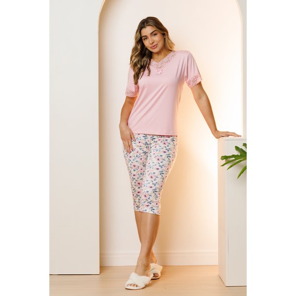 02 pijama curto feminino de renda com capri rosa floral microfibra