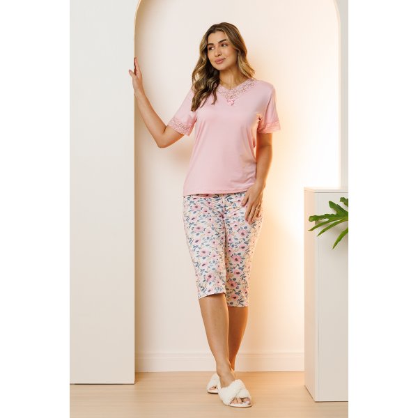 03 pijama curto feminino de renda com capri rosa floral microfibra
