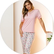 06 pijama curto feminino de renda com capri rosa floral microfibra