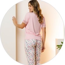 07 pijama curto feminino de renda com capri rosa floral microfibra