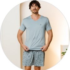 01 pijama masculino curto de microfibra calcao estampado verde