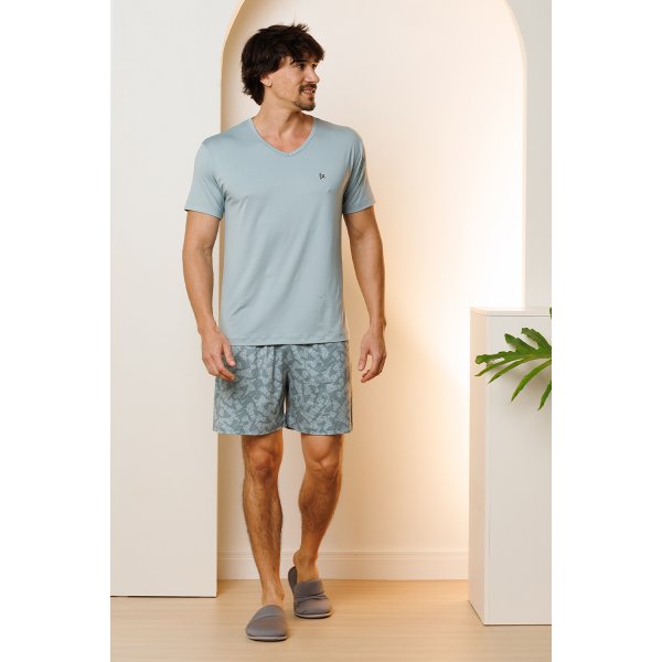 05 pijama masculino curto de microfibra calcao estampado verde