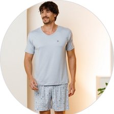 01 pijama masculino curto de microfibra calcao estampado azul