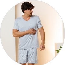 02 pijama masculino curto de microfibra calcao estampado azul