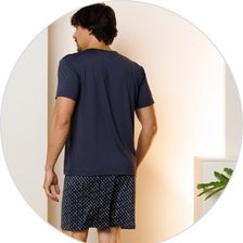 03 pijama masculino curto de microfibra preto calcao estampado azul marinho