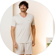 01 pijama curto masculino microfibra com short quadrados bege