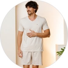 03 pijama curto masculino microfibra com short quadrados bege